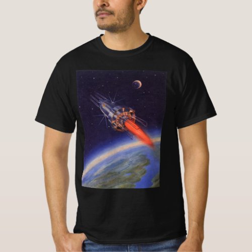 Vintage Science Fiction Rocket in Space over Earth T_Shirt