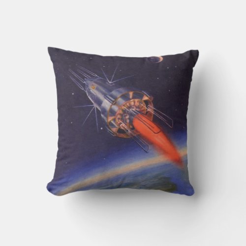 Vintage Science Fiction Rocket in Space over Earth Throw Pillow