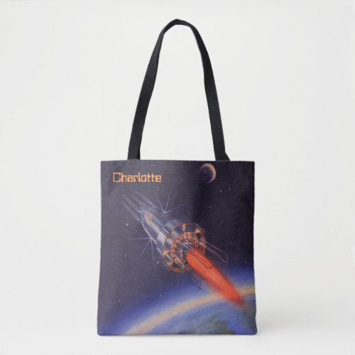 Vintage Science Fiction Rocket in Space over Earth Tote Bag