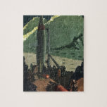 Vintage Science Fiction, Rocket on Foreign Planet Jigsaw Puzzle