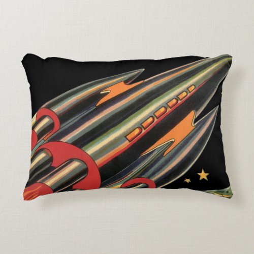 Vintage Science Fiction Rocket Ship by Space Stars Accent Pillow