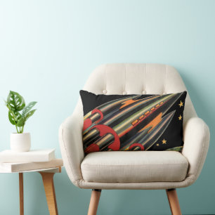 Vintage Science Fiction Rocket Ship by Space Stars Lumbar Pillow