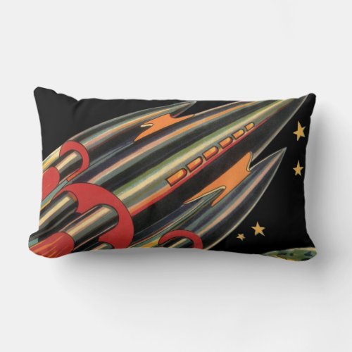 Vintage Science Fiction Rocket Ship by Space Stars Lumbar Pillow