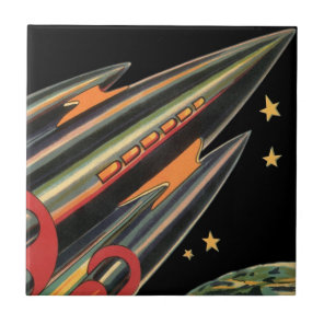 Vintage Science Fiction Rocket Ship by Space Stars Tile