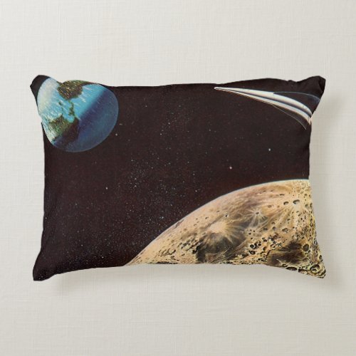 Vintage Science Fiction Rocket Ship Over the Moon Accent Pillow