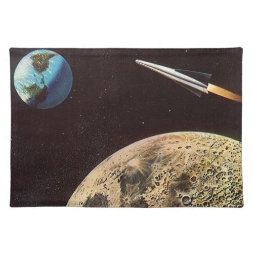 Vintage Science Fiction Rocket Ship Over the Moon Cloth Placemat