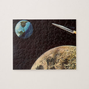 Vintage Science Fiction, Rocket Ship Over the Moon Jigsaw Puzzle