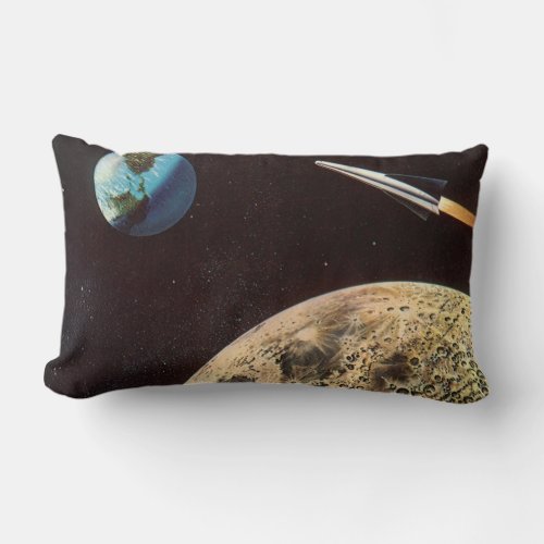 Vintage Science Fiction Rocket Ship Over the Moon Lumbar Pillow