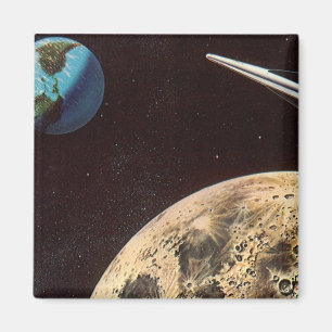 Vintage Science Fiction, Rocket Ship Over the Moon Magnet