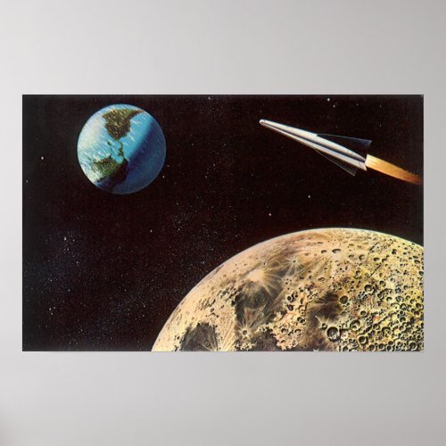 Vintage Science Fiction Rocket Ship Over the Moon Poster