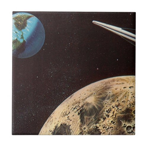 Vintage Science Fiction Rocket Ship Over the Moon Tile