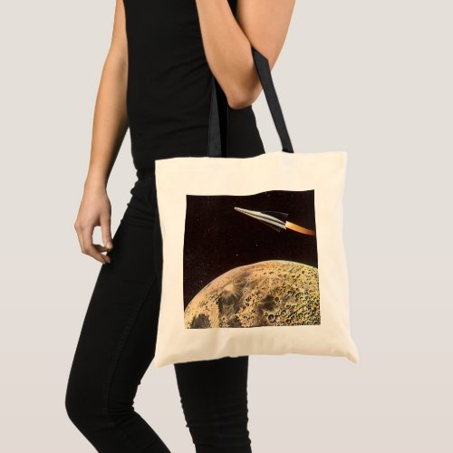 Vintage Science Fiction Rocket Ship Over the Moon Tote Bag