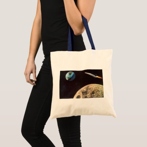 Vintage Science Fiction Rocket Ship Over the Moon Tote Bag