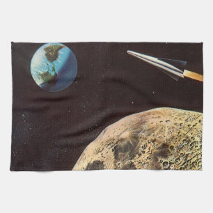 Vintage Science Fiction, Rocket Ship Over the Moon Towel