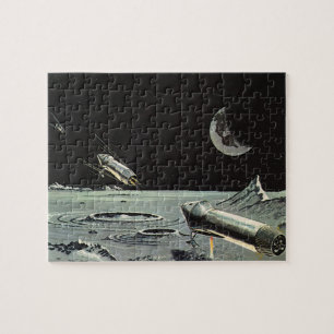 Vintage Science Fiction, Rocket Ships Moon Planets Jigsaw Puzzle