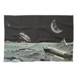 Vintage Science Fiction, Rocket Ships Moon Planets Kitchen Towel