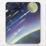 Vintage Science Fiction Rockets in Space by Planet Mouse Pad<br><div class="desc">Vintage illustration futuristic science fiction design featuring a cluster of rockets flying through outer space. Stars and the moon are over the horizon of a foreign planet in our galaxy. A classic 50s retro comic book sci fi design of the future.</div>