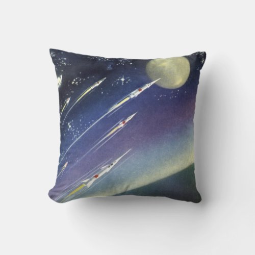 Vintage Science Fiction Rockets in Space by Planet Throw Pillow