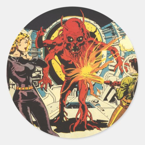 Vintage Science Fiction Sci Fi Alien Attacking Classic Round Sticker