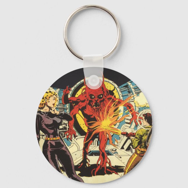 Vintage Science Fiction, Sci Fi Alien Attacking Keychain (Front)