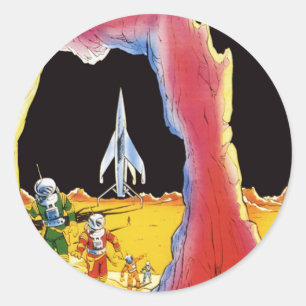 Vintage Science Fiction, Sci Fi Aliens on Planet Classic Round Sticker