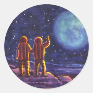 Vintage Science Fiction, Sci Fi Astronauts on Moon Classic Round Sticker