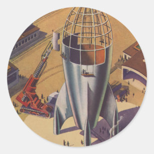 Vintage Science Fiction, Sci Fi, Building a Rocket Classic Round Sticker