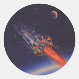 Vintage Science Fiction, Sci Fi Rocket over Earth Classic Round Sticker