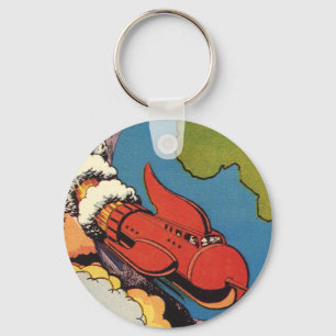 Vintage Science Fiction, Sci Fi Rocket over Earth Keychain