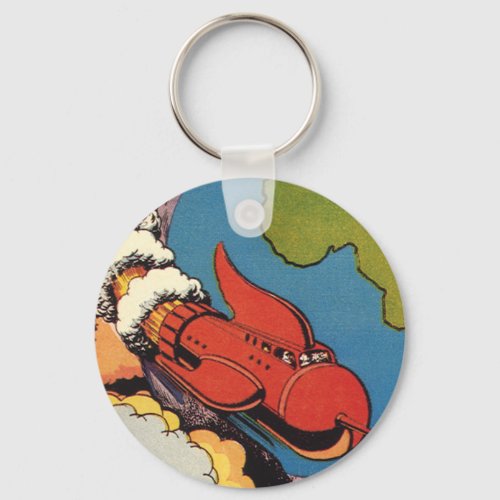 Vintage Science Fiction Sci Fi Rocket over Earth Keychain