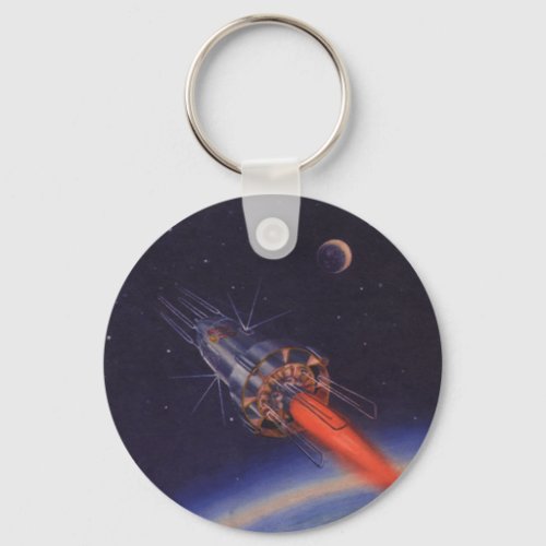 Vintage Science Fiction Sci Fi Rocket over Earth Keychain