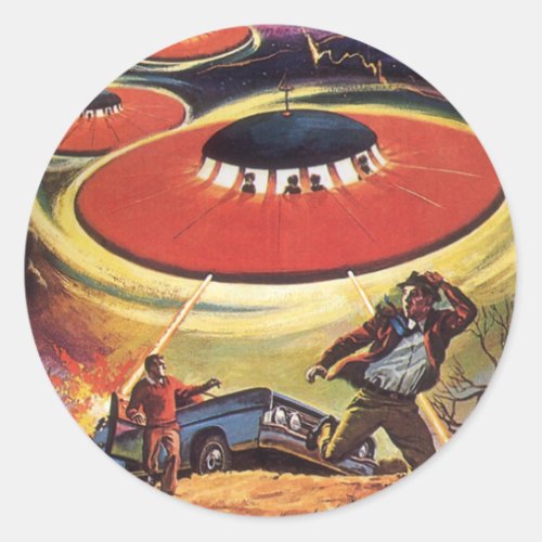 Vintage Science Fiction Sci Fi UFO Alien Invasion Classic Round Sticker