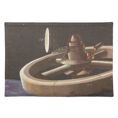 Vintage Science Fiction Space Station with Planet Cloth Placemat