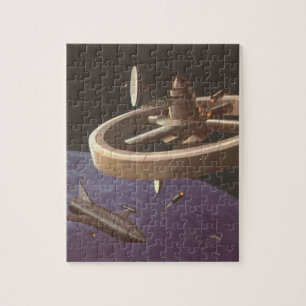 Vintage Science Fiction, Space Station with Planet Jigsaw Puzzle