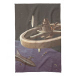 Vintage Science Fiction, Space Station with Planet Kitchen Towel