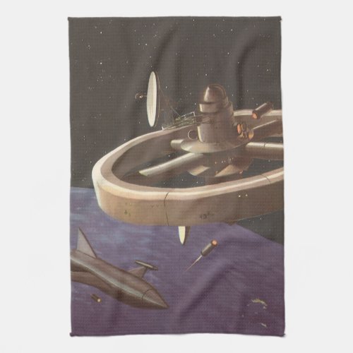 Vintage Science Fiction Space Station with Planet Kitchen Towel