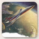 Vintage Science Fiction Spaceship Airplane Earth Beverage Coaster