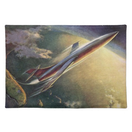 Vintage Science Fiction Spaceship Airplane Earth Cloth Placemat