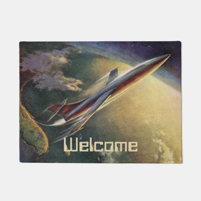 Vintage Science Fiction Spaceship Airplane Earth Doormat (Front)