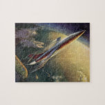 Vintage Science Fiction Spaceship Airplane Earth Jigsaw Puzzle