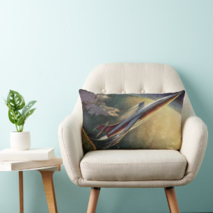 Vintage Science Fiction Spaceship Airplane Earth Lumbar Pillow