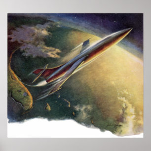 Vintage Science Fiction Spaceship Airplane Earth Poster