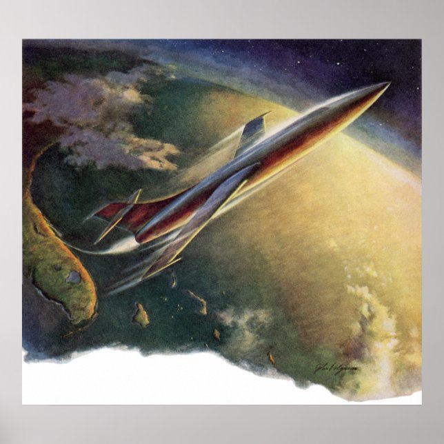 Vintage Science Fiction Spaceship Airplane Earth Poster (Front)