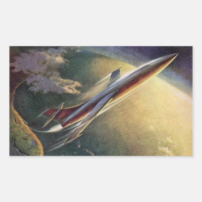 Vintage Science Fiction Spaceship Airplane Earth Rectangular Sticker (Front)