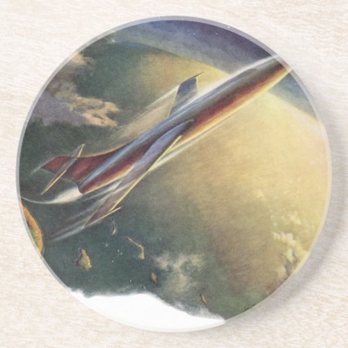 Vintage Science Fiction Spaceship Airplane Earth Sandstone Coaster