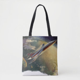 Vintage Science Fiction Spaceship Airplane Earth Tote Bag