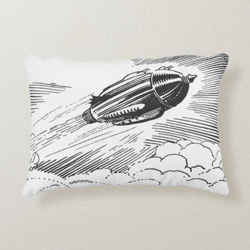 Vintage Science Fiction Spaceship Rocket in Clouds Accent Pillow