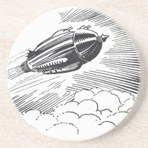 Vintage Science Fiction Spaceship Rocket in Clouds Drink Coaster