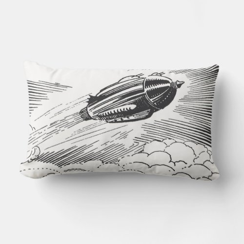 Vintage Science Fiction Spaceship Rocket in Clouds Lumbar Pillow