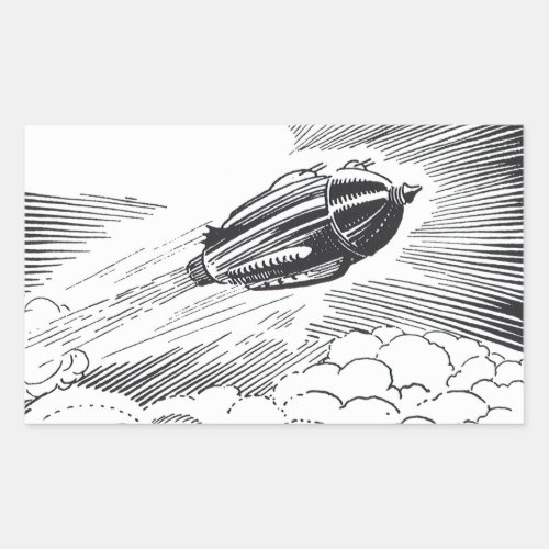 Vintage Science Fiction Spaceship Rocket in Clouds Rectangular Sticker